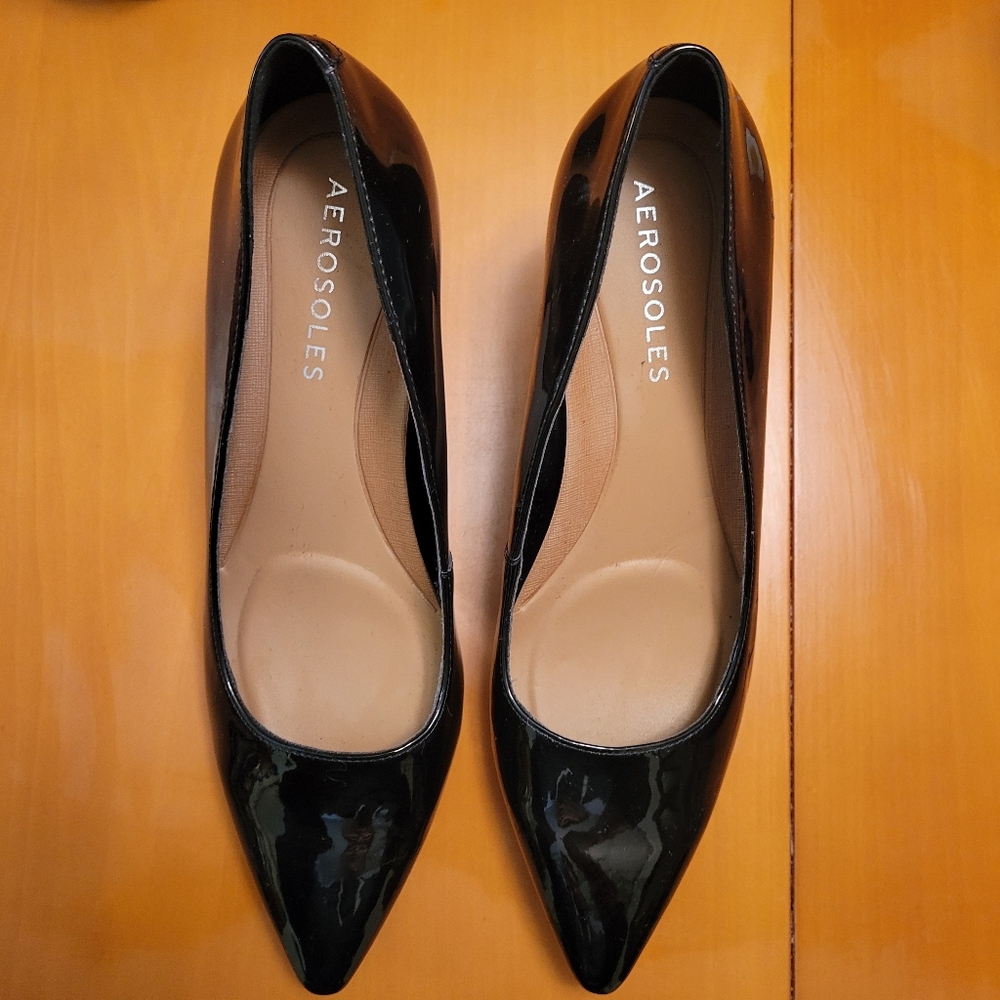 Aerosoles Heel Pumps Black Patent Leather Women's Shoes, Small Heel